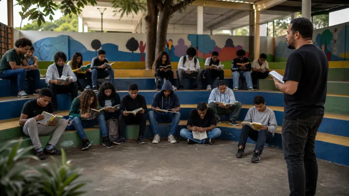 praças de leitura em área de tráfico